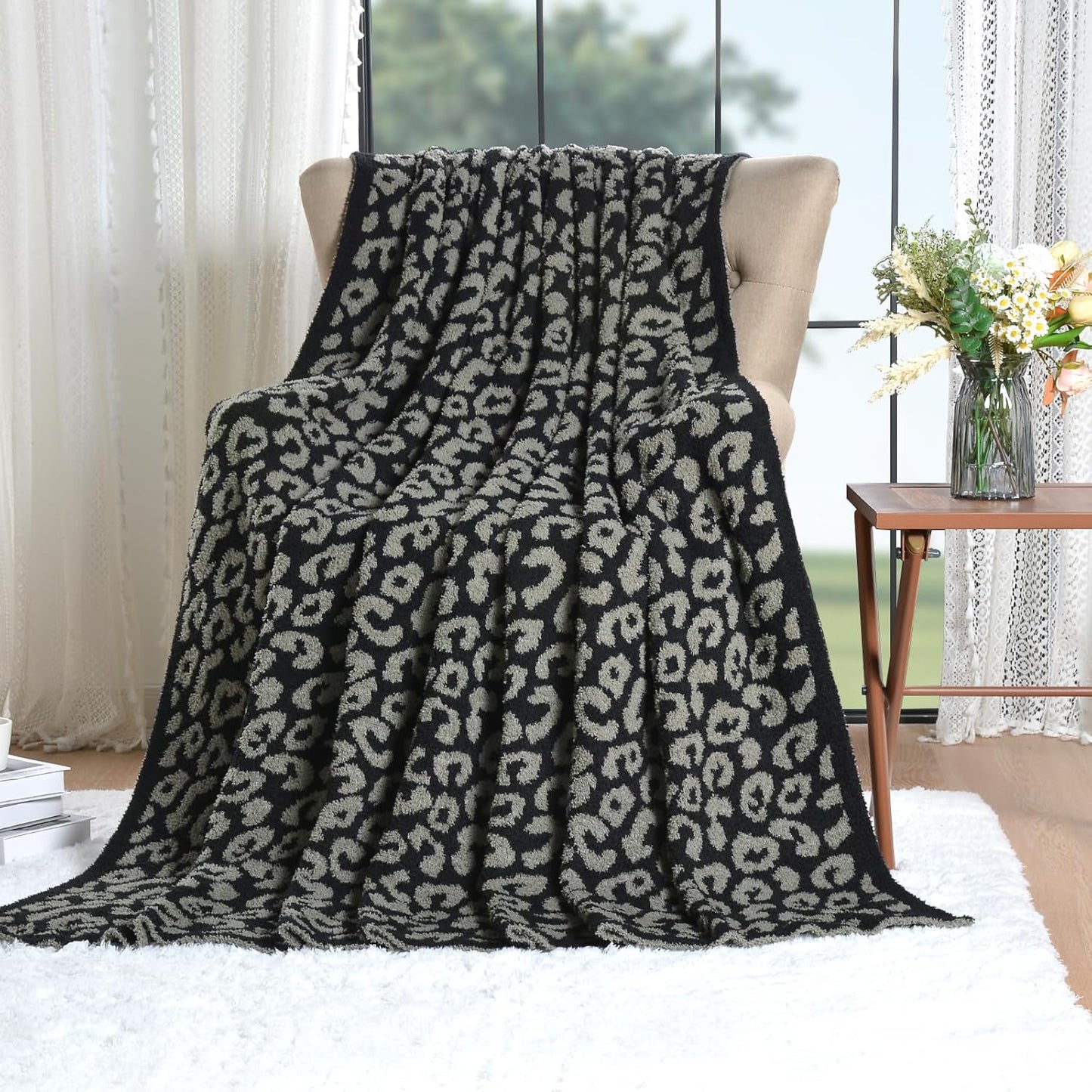 Leopard Knit Throw Soft Cozy Lightweight Blanket for Bed Sofa Couch Breathable Warm Cheetah Blanket Leopard Black 50x60 Inches