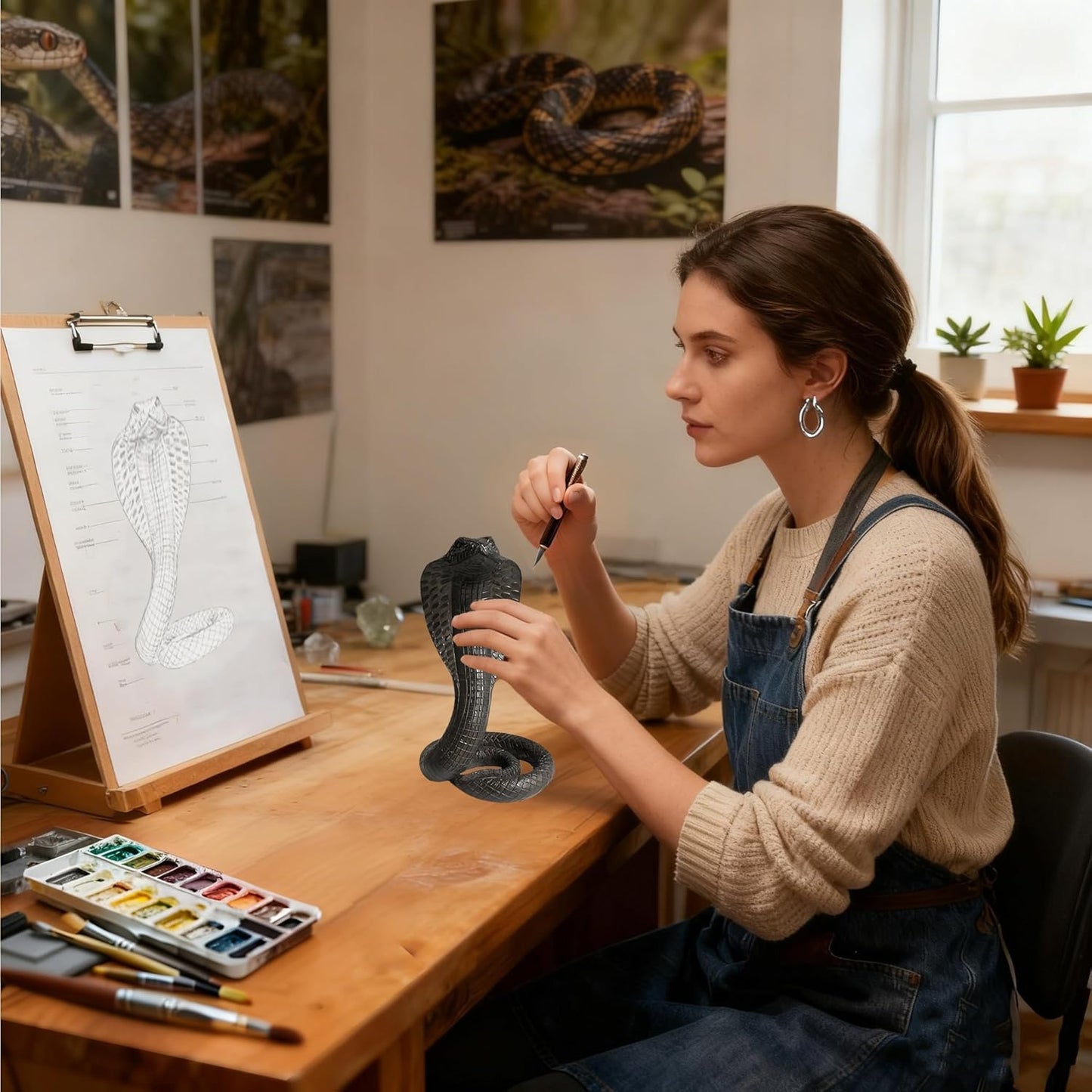 King Cobra Snake Statue Realistic Snake Resin Figurine Handcrafted, Indoor/Outdoor Animal Ornaments for Home Office Garden Yard Decor, Unique Gift for Collectors, Black