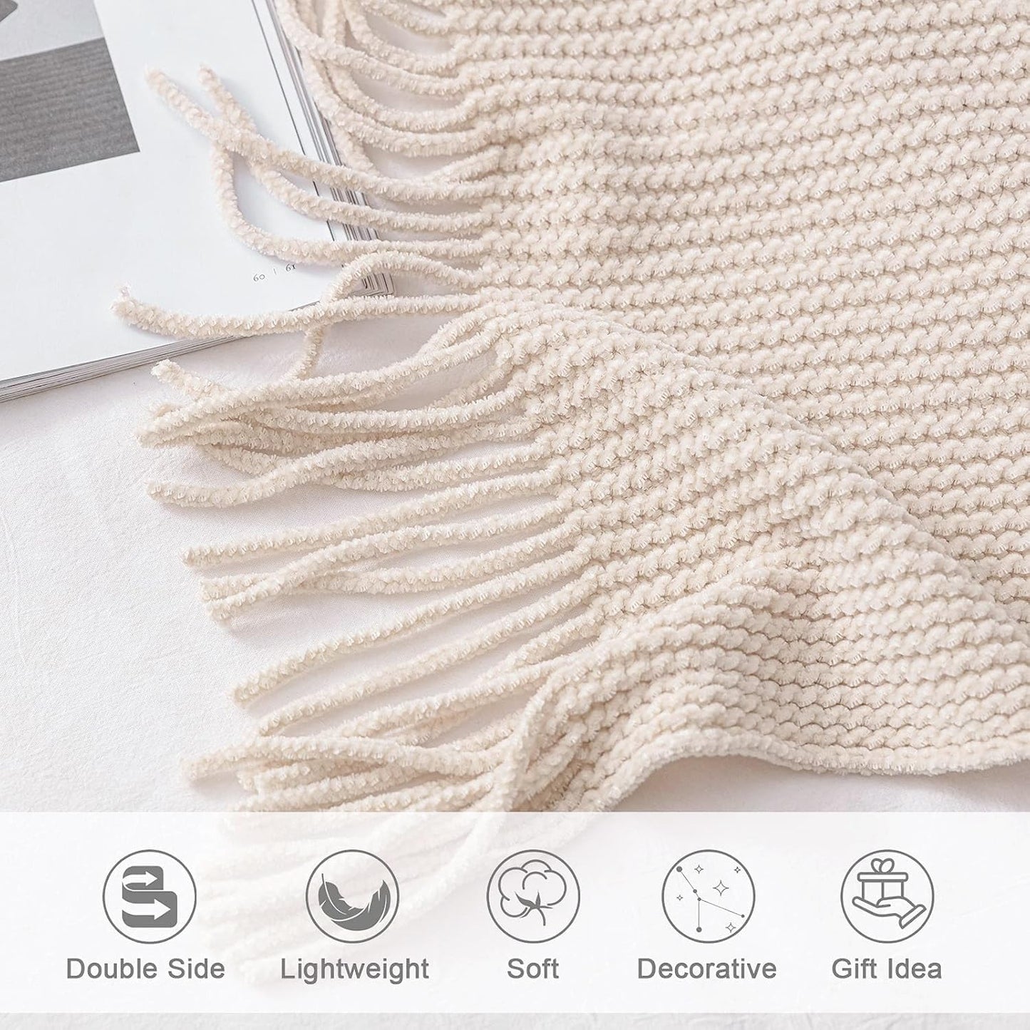 lifein Throw Blanket for Couch, Soft Boho Decor Bed Throw,Cozy Blue Chenille Knitted Small Farmhouse Lightweight Throw for Autumn(White,50 * 60")