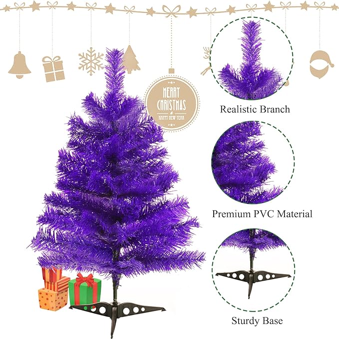2FT Artificial Christmas Tree Purple Tabletop Christmas Tree with Plastic Stand Mini Xmas Pine Tree for Party Supplies Indoor Outdoor Holiday Home Decoration(Purple)