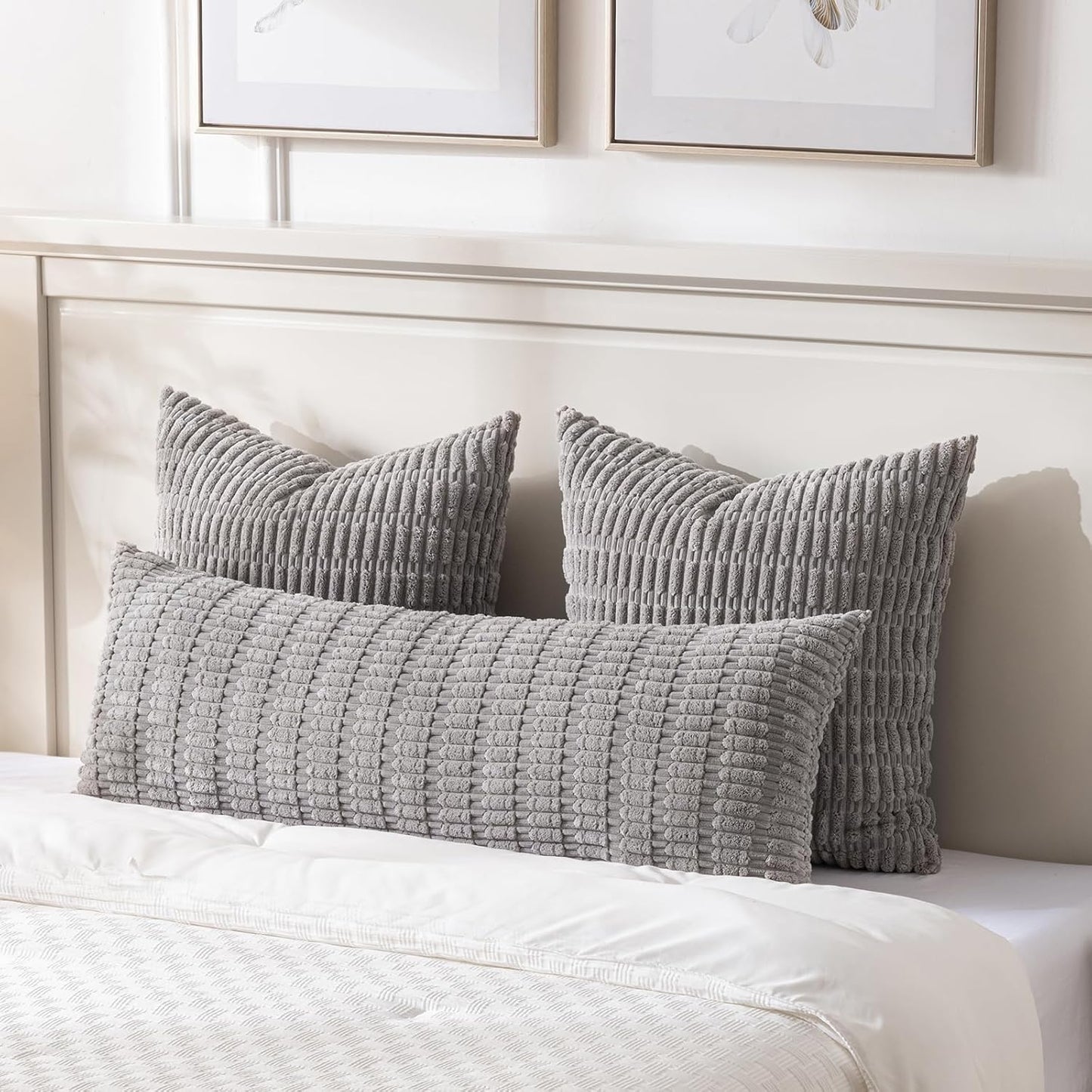 Fancy Homi Gray Long Lumbar Farmhouse Decorative Throw Pillow Covers 20x54 Inch for Bed Couch Bed Sofa, Rustic Boho Room Decor, Soft Striped Corduroy Rectangle Cushion Case 50x137 cm