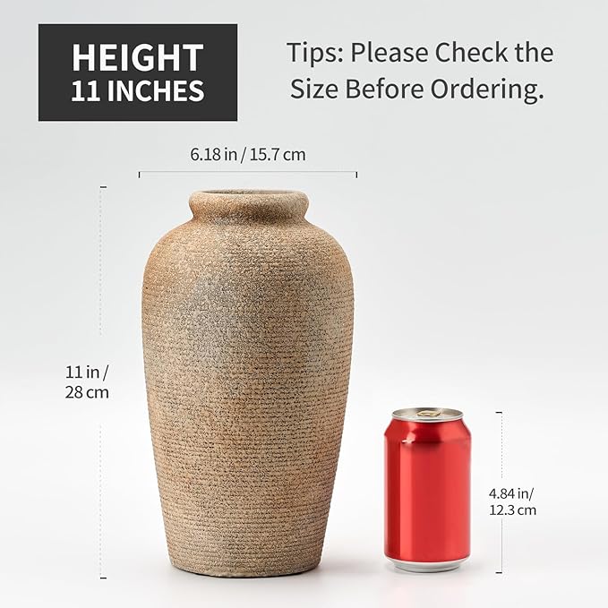 Large Ceramic Rustic Vase, 11 inch Minimalist Decorative Vase, Farmhouse Tall Wood Colored for Home Decor, Living Room, Shelf Decor, Enterway, Table Decoration, Brown