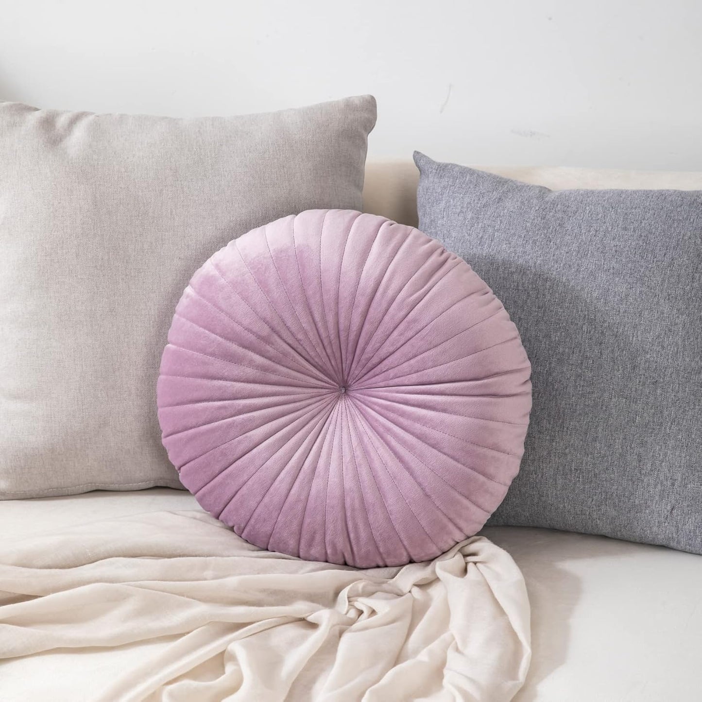 HLOVME Round Pillow Cushion for Couch Velvet Decorative Small Throw Pillow Solid Color for Living Room Bed Floor 15.7”, Light Purple