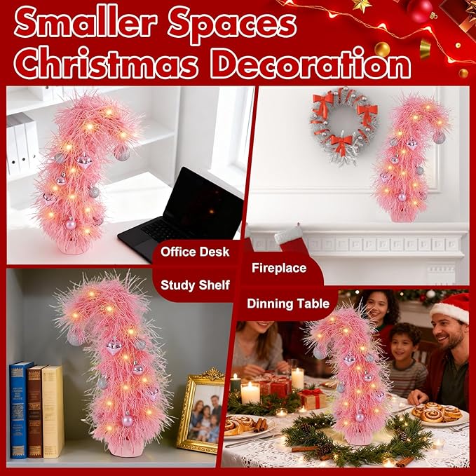 16 inch Pre-Lit Mini Christmas Tree with Ornaments Included, Pink Whimsical Artificial Tabletop Tree for Home, Office Desk & Holiday Decor