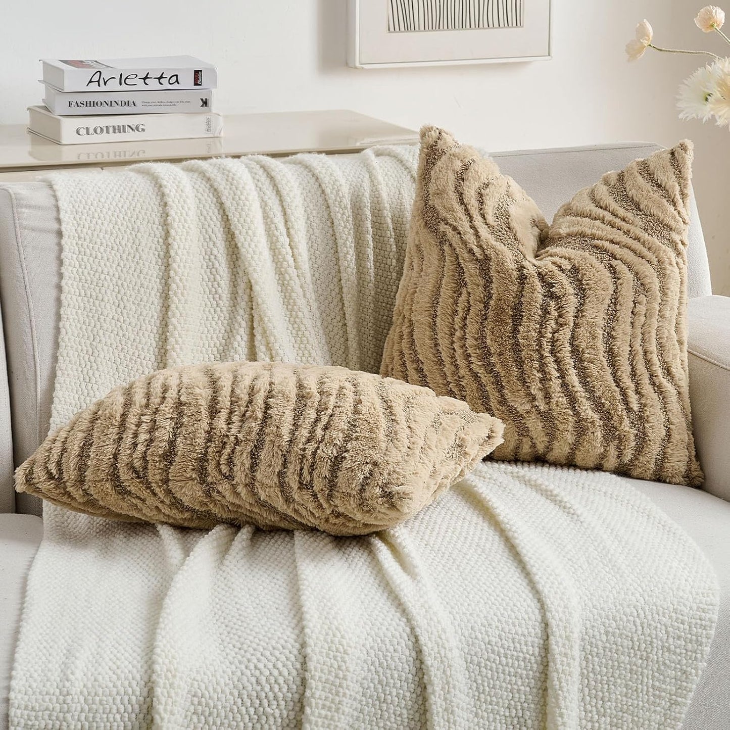 FUTEI Khaki Decorative Throw Pillow Covers 24x24 Inch Set of 2,Soft Faux Fur Geometric Shapes Texture European Cushion Case,Boho Home Decor for Couch Bed Living Room