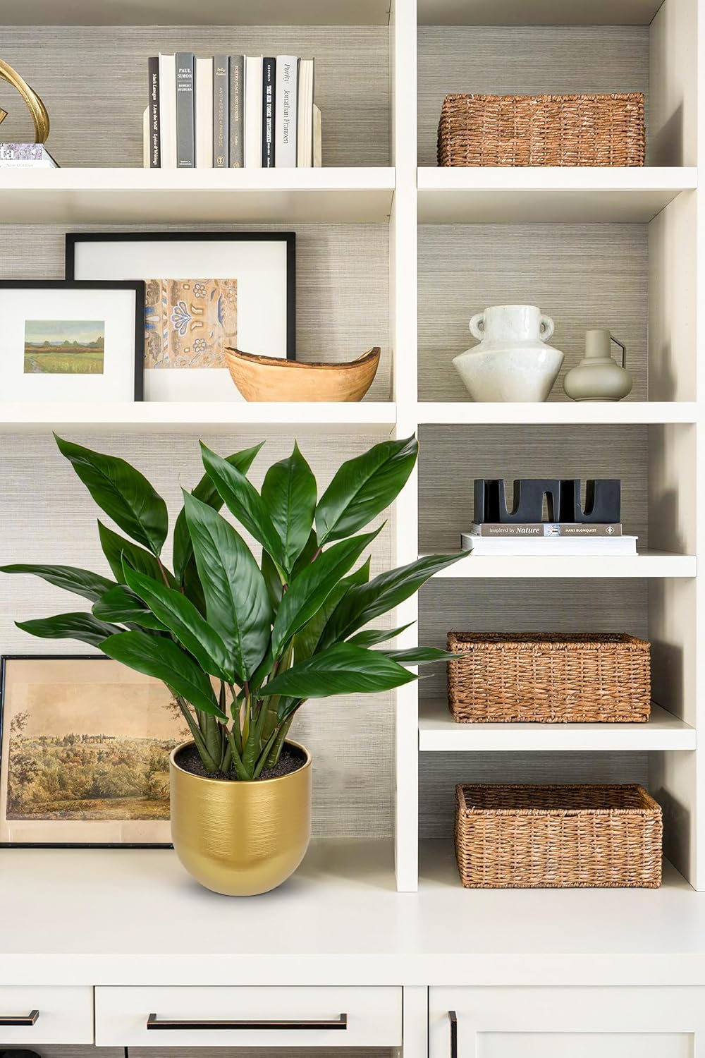 Fake Plants 17'' Faux Plants Artificial Potted Plants Indoor Realistic Fake Cast Iron Plant Artificial Plants with Gold Pot for Home Office Farmhouse Kitchen Bathroom Table Shelf Decor