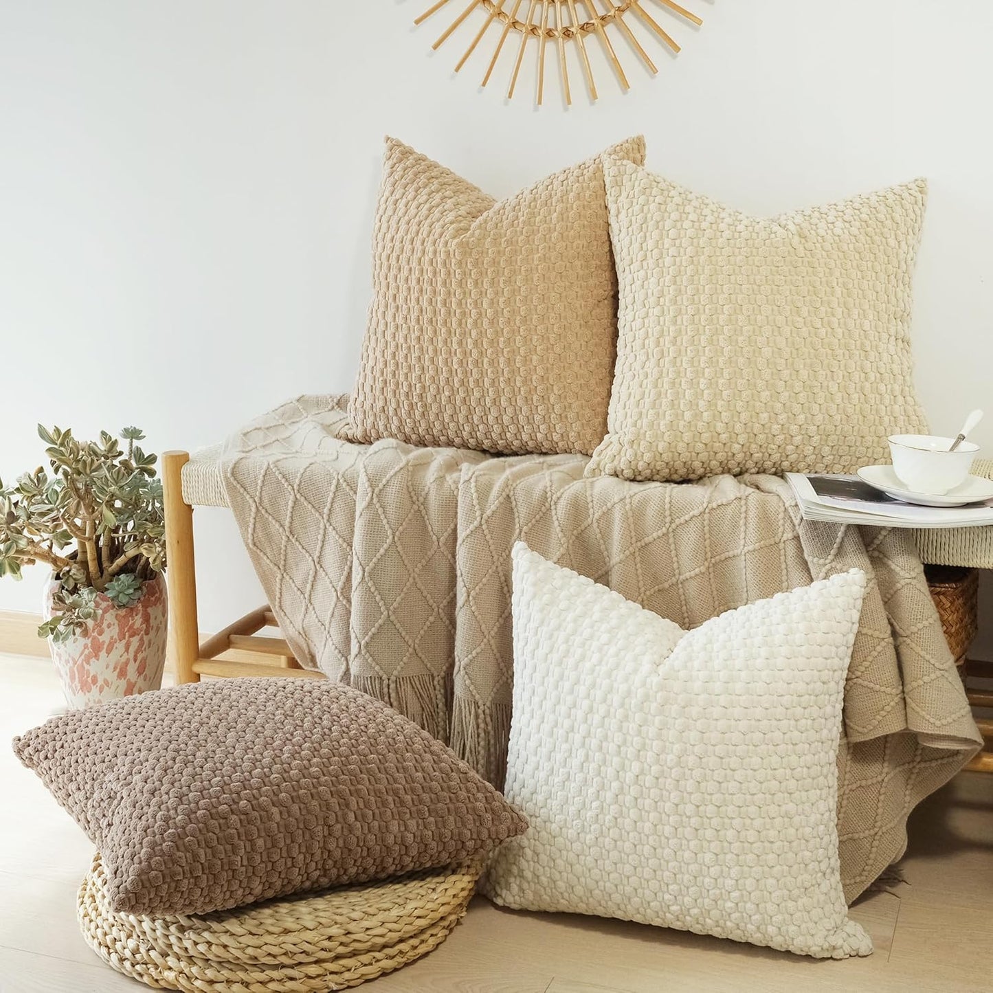 JOJUSIS Pack of 4 Neutral Decorative Throw Pillow Covers Farmhouse Boho Home Decor Striped Corduroy Square Pillowcases 20 x 20 Inch Beige Chocolate