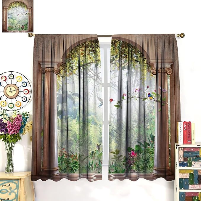 Gothic Blackout Curtains，Fantasy Spring Nature Forest Birds Pattern Drapes Window 2 Panel Rod Pocket Curtain for Bedroom Living Room Decor 21" W X 45" L