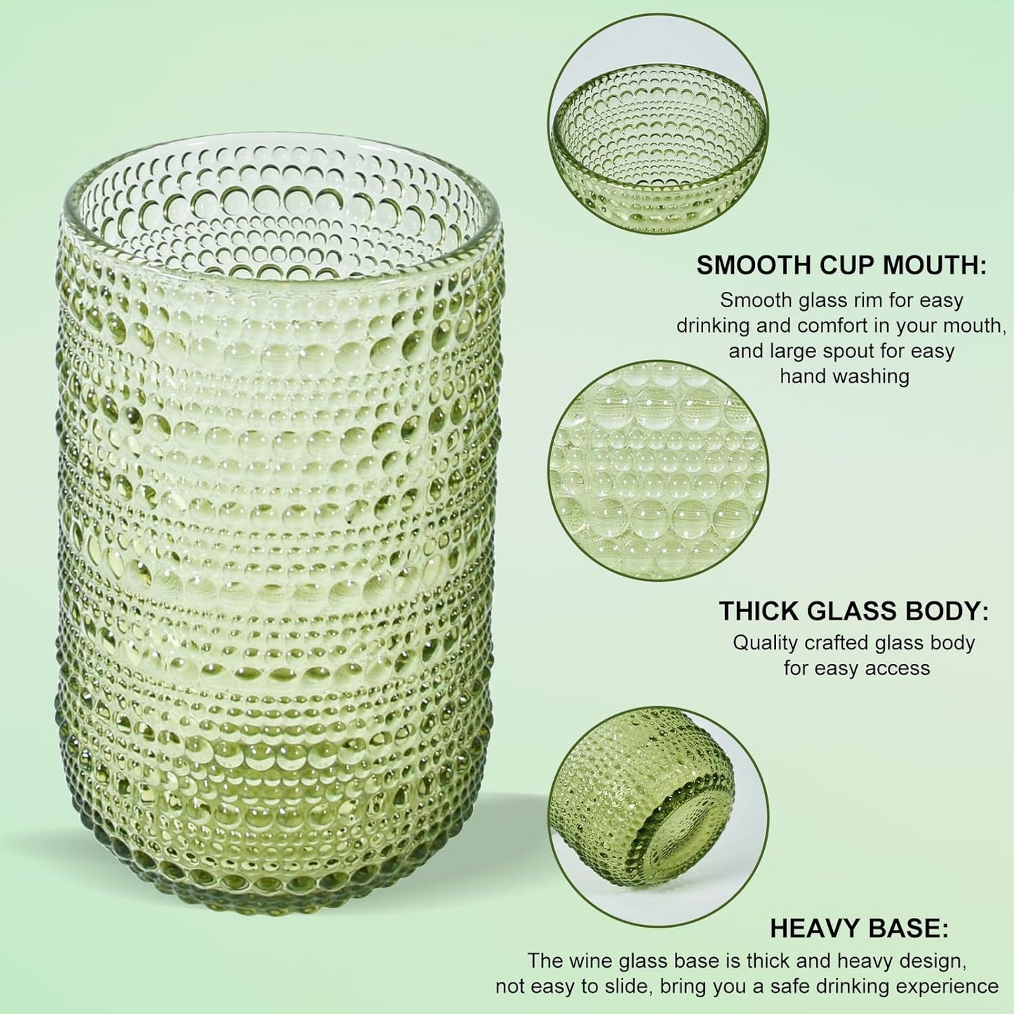 Hobnail Drinking Glasses Set of 6, 14 oz Vintage Glassware Set, Embossed Green Water Tumbler for Beer, Juice, Cocktail, Whiskey, Milk, Green