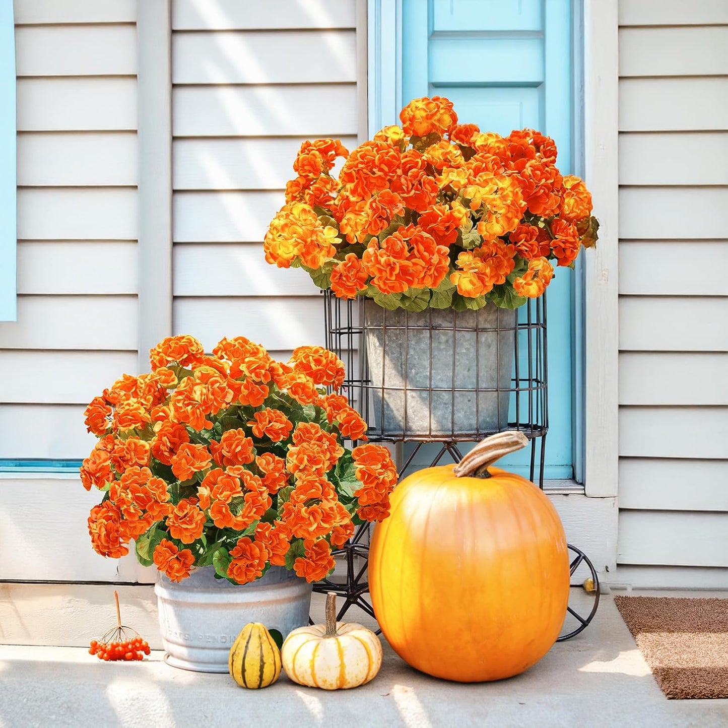 Fake Geraniums Artificial Flowers for Outdoors Fall Autumn Decoration, 6 Bundles Silk Geraniums UV Resistant Look Real Orange Faux Flowers Plants for Front Door Garden Planter Patio Balcony Yard Home