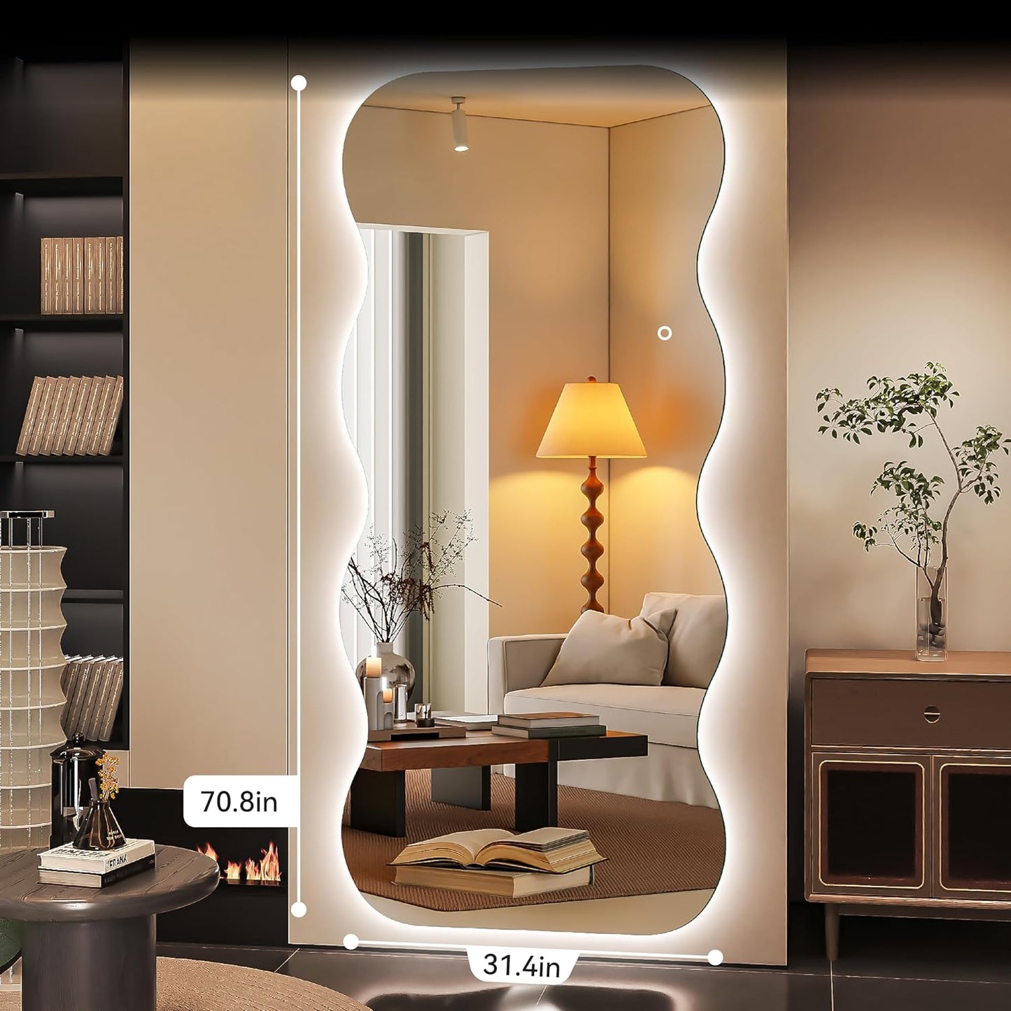 Hasipu Wavy Full Length Mirror with Lights - 71"×31" LED Wavy Floor Mirror, Frameless, Dimmable, Standing or Vertical/Horizontal Wall-Mounted Mirror for Bedroom, Living Room, Cloakroom