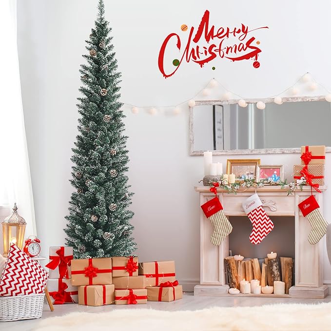 5 ft Pencil Christmas Tree, Slim Flocked Christmas Tree with 214 PVC Branch Tips, 25 Pine Cones & Foldable Metal Stand, Skinny Xmas Trees, Artificial Christmas Tree for Home, Office, Holiday