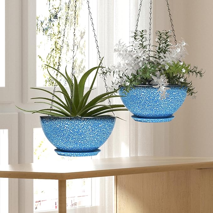 Hanging Planters for Indoor Outdoor Plants-2 Pack 10 inch Hanging Plant Pots with Drainage and Chain, Hanging Planter for House Plants (Blue with White Spray)