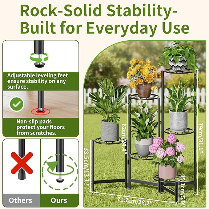 6 Tier Metal Plant Stands Outdoor Indoor, Heavy Duty Flower Pot Holder Potted Display Rack Shelf, Tall Corner Plant Shelf for Patio Garden Balcony Living Room Bedroom -BlackDiamond