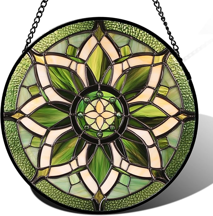 Stained Glass Window Hanging - White Green Boho Flower Suncatcher for Doors Window Home Sun Catchers Decor Christmas Mother's Day Birthday Gifts for Teacher Women Men Mom Nana 6.3 in