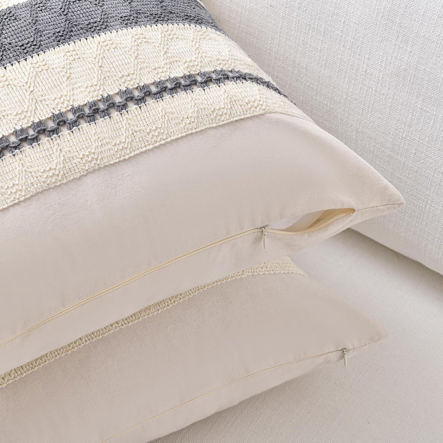 Fancy Homi Set of 1 Neutral Grey Farmhouse Decorative Throw Pillow Covers 18x18 Inch for Couch Bed Chair Indoors, Vintage Country Rustic Retro Room Decor, Soft Thick Cotton Handmade Woven Cushion Case