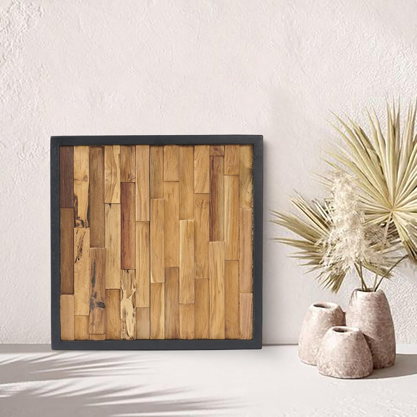 Greenage Teak Wood Wall Decor 16.9"x16.9" Farmhouse Slender Strip Pattern Rustic Natural Wood Wall Art Hanging Decoration Textured Wooden Frame Wall Panel for Home Living Room Bedroom