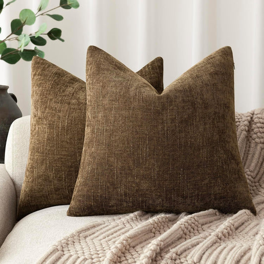 Foindtower Pack of 2 Soft Textured Chenille Throw Decorative Pillow Covers Square Accent Solid Cushion Cover Neutral Farmhouse Pillow Case for Couch Sofa Bedroom Living Room 24x24 Inch,Taupe Brown