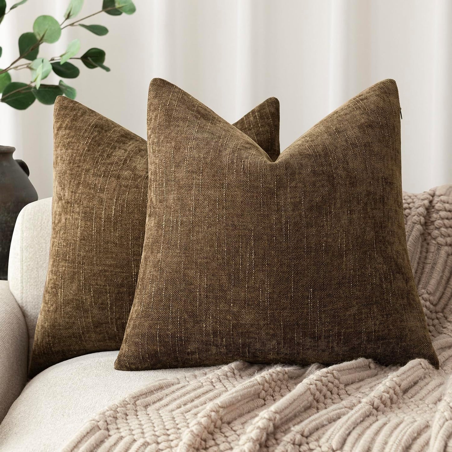 Foindtower Pack of 2 Soft Textured Chenille Throw Decorative Pillow Covers Square Accent Solid Cushion Cover Neutral Farmhouse Pillow Case for Couch Sofa Bedroom Living Room 16x16 Inch,Taupe Brown