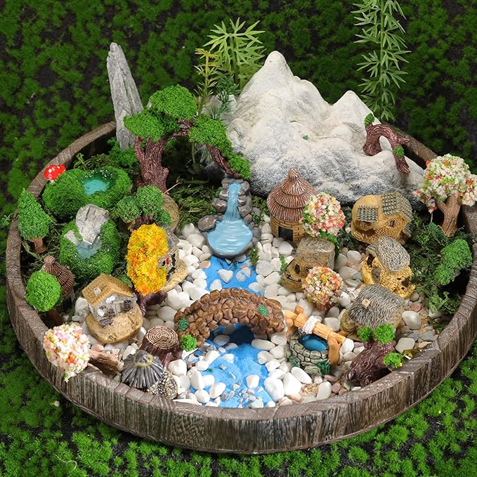 58 Pcs Miniature Garden Set Fairy House Bridge Rockery River Diorama Supplies Mini Terrarium Figurines Fairy Village Micro Landscape Ornament Model Trees for DIY Garden Decor Succulent Dollhouse Craft