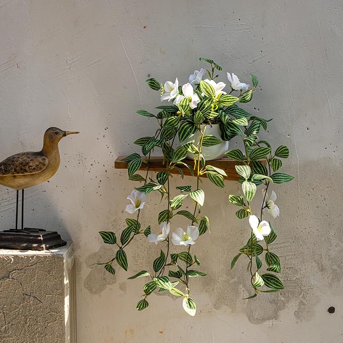 2PCS Artificial Hanging Plant with Pot Faux Hanging Plants Small Hanging Plants Pot with Artificial Vines and Flower Greenery Decoration for Living Room Wall Home Wall Shelf (Stripe White)