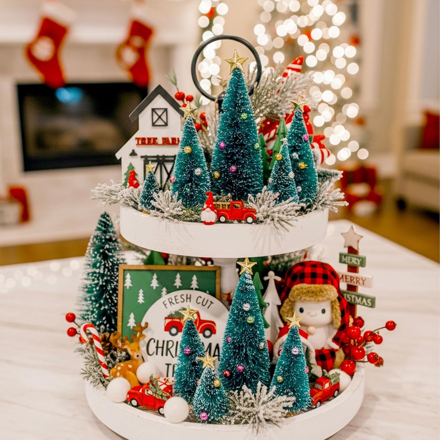 LOVEINUSA Mini Christmas Trees with Ornaments, 9PCS Sisal Snow Frost Trees with Wood Base for Table Top Decoration and DIY Diorama Models