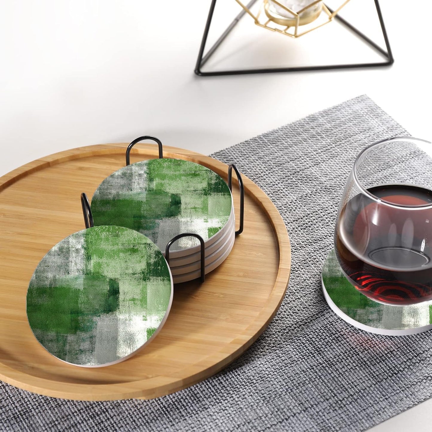 LOKMU Coasters for Drinks,Round Absorbent Ceramic Stone Coaster Sets of 6 with Metal Holder Stand,Green and Grey Abstract Art Coasters with Cork Base for Coffee Wooden Table,Housewarming Gifts