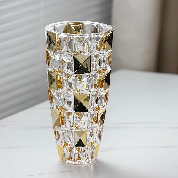 Unique Diamond-Shaped Gold Color Glass Flower Vase 11.8" Tall for Home Decor, Dining Wedding Table Office Holiday Party Centerpiece Decoration. (Gold)