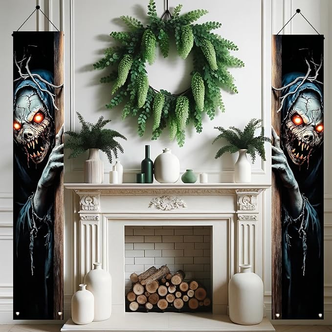 2PCS Halloween Porch Banner Scary Skeleton Demon Vertical Hanging Decorations for Front Door Outdoor Horror Welcome Door Sign Spooky Party Decor Haunted House Entrance Backdrop 71 x 12 Inch