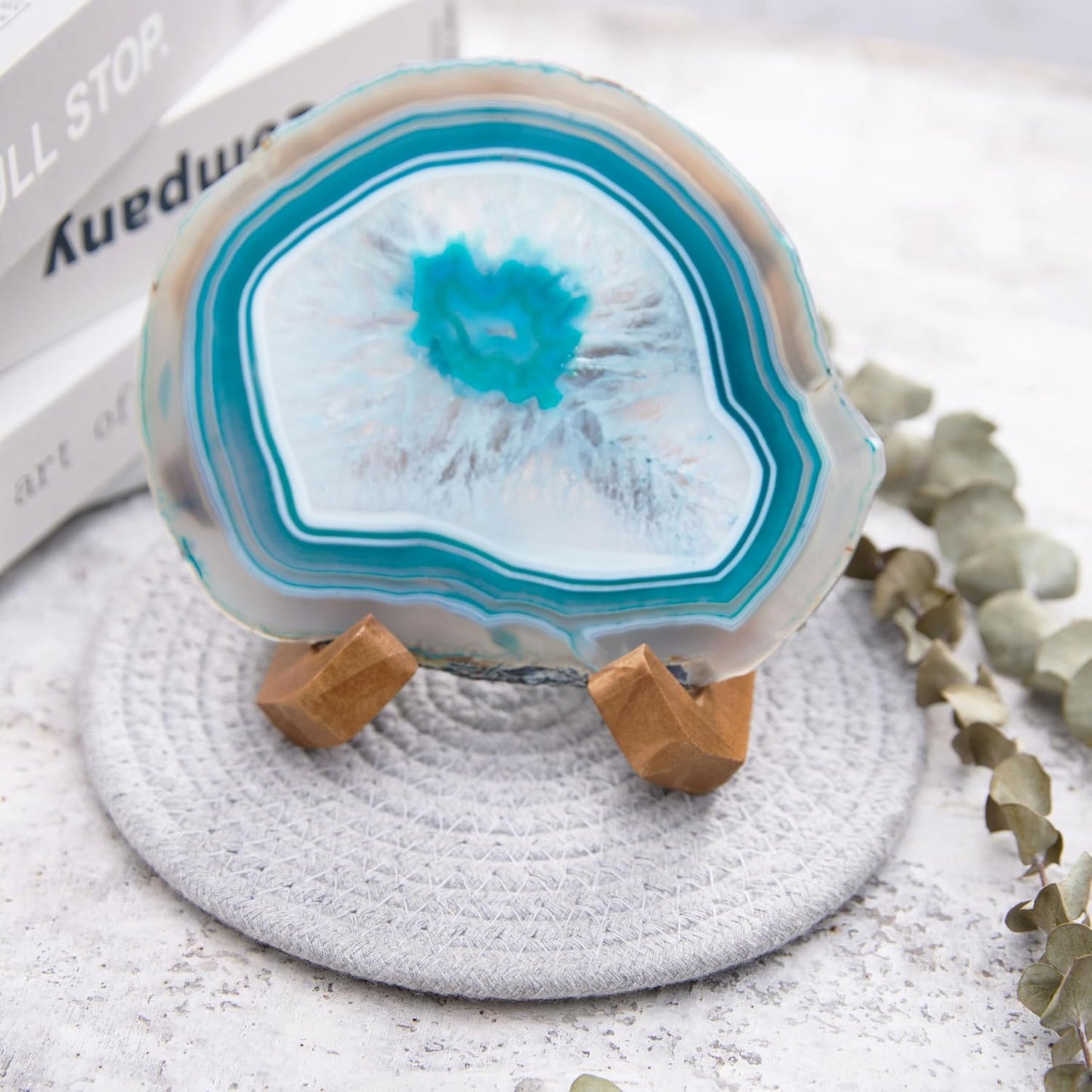 Luxury Lane Large Natural Brazilian Agate Slice Geode Rock Stone Drink Coaster with Wood Holder 4.7-5.5 inch Centerpiece Table Decoration, Teal
