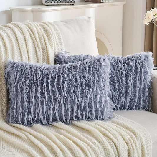 FUTEI Grey Blue Decorative Throw Pillow Covers 12x20 Inch Set of 2,Soft Fluffy Faux Feather Texture Lumbar Pillow Cases,Modern Home Luxury Decor for Couch Bed Living Room