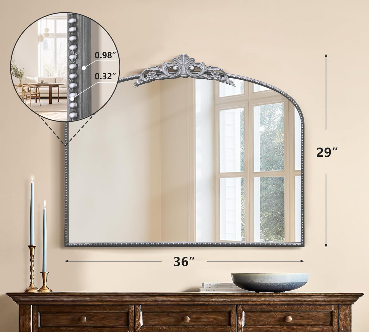 Micasso Vintage Baroque Silver Mirror: 29" x 36" French Vintage Mirror - Traditional Ornate Decorative Arched Mirrors for Wall/Bathroom/Entryway/Fireplace/Hallway - Home Decor for Living Room