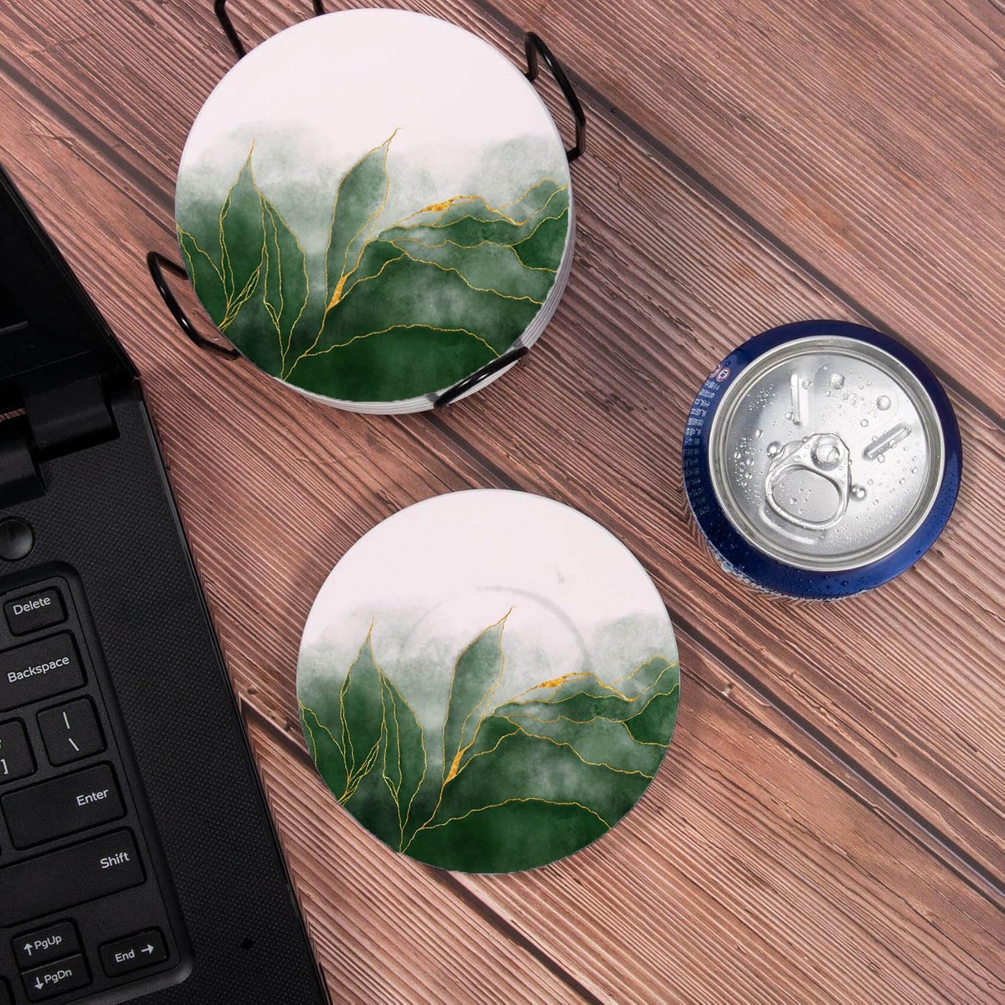 LOKMU Coasters for Drinks,Round Absorbent Ceramic Stone Coaster Sets of 6 with Metal Holder Stand,Green Paint and Golden Shiny Veins Coasters with Cork Base for Coffee Wooden Table,Housewarming Gifts