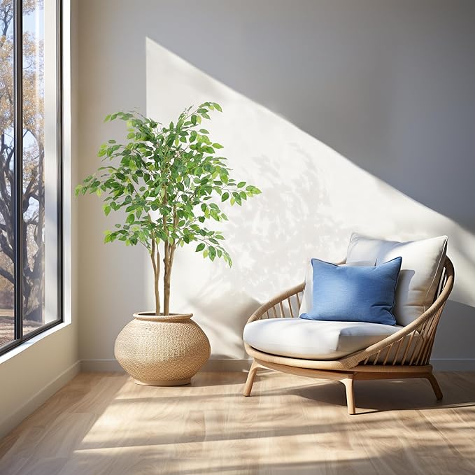 Tall UV Resistant Ficus Tree Artificial，4ft(48in) Faux Ficus Tree with Realistic Smooth and Shiny Leaves， Fake Trees Indoor Outdoor for Home Office Living Room Bedroom Foyer Porch Decor.