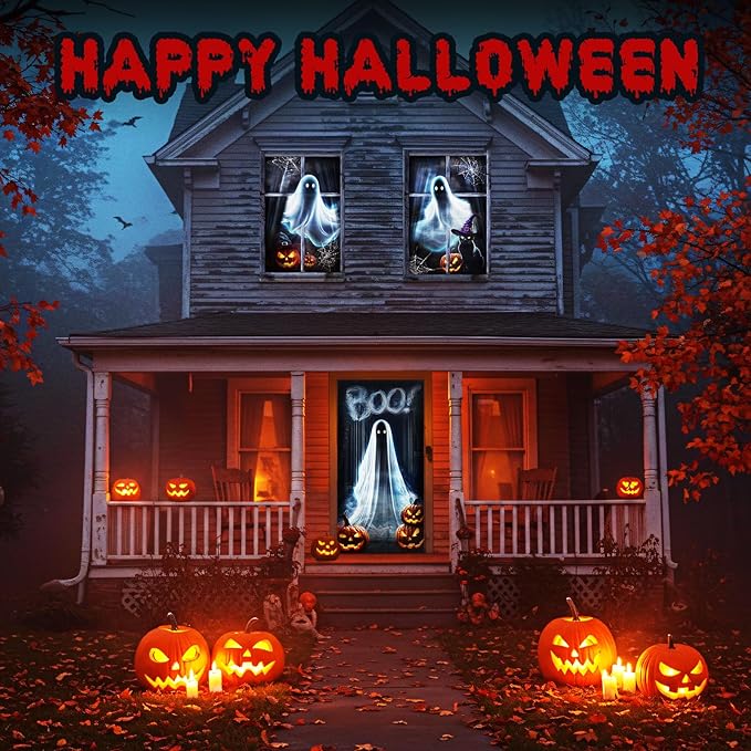 Tioncy 3 Pcs Halloween Window Door Covers Decorations Set Ghost Scary Halloween Window Curtains Boo Spider Web Pumpkin Pattern Banner Porch Indoor Outdoor Decoration