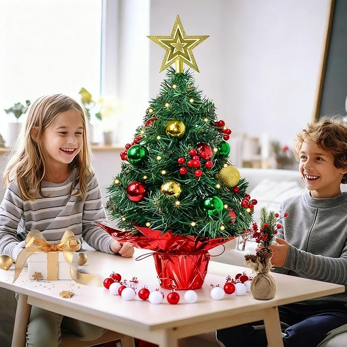 Tabletop Christmas Tree with LED String Lights,22In Pre-Decorated Mini Artificial Christmas Tree for Desktop,Star Treetop and Colored Oranments for Home Indoor Holiday Christmas Decoration-Yellow