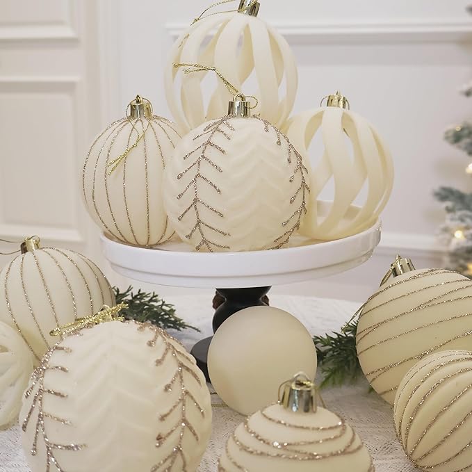 4inch Velvet Ornaments for Christmas Tree, 9PCS Glitter Flocked Christmas Ornaments Decorations Balls Set Decor Beige