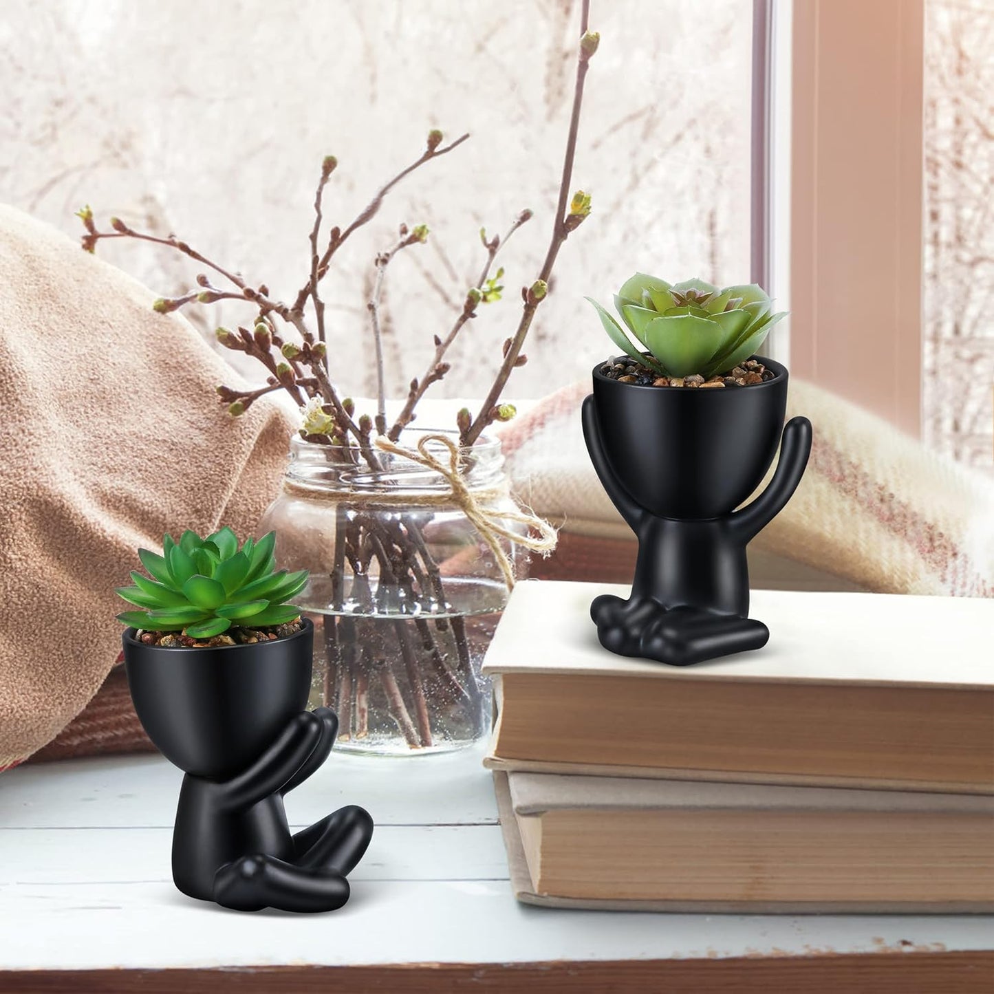 Fake Succulent, Mini Succulents Plants Artificial in Black Modern Human Shaped Ceramic Pots Desk Decor Desk Plant for Office Decor for Women, Cute Fake Plants Bathroom Decor 2PCS