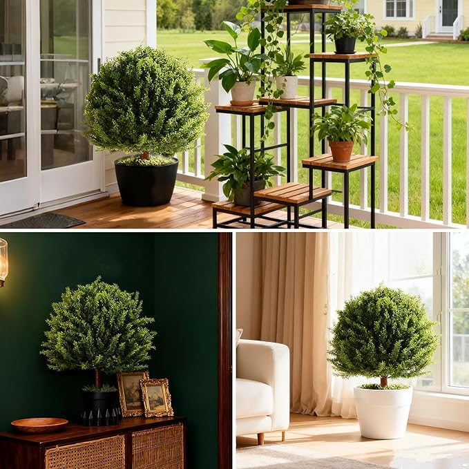24" Artificial Plants Topiary Cedar Tree Indoor, Set of 2 Faux Plants Outdoor UV Resistant Fake Shrubs for Front Porch Garden Decor with Ground Spike