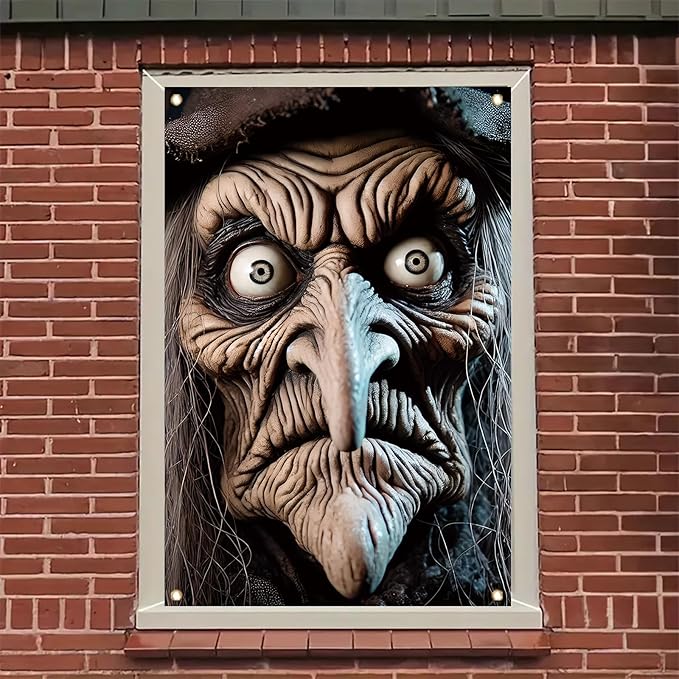 Scary Witch Window Cover Halloween Decoration Window Poster Realistic Creepy Face Haunted House Outdoor Indoor Horror decor for Door Party Supplies Spooky Scene Prop 47x31 Inch