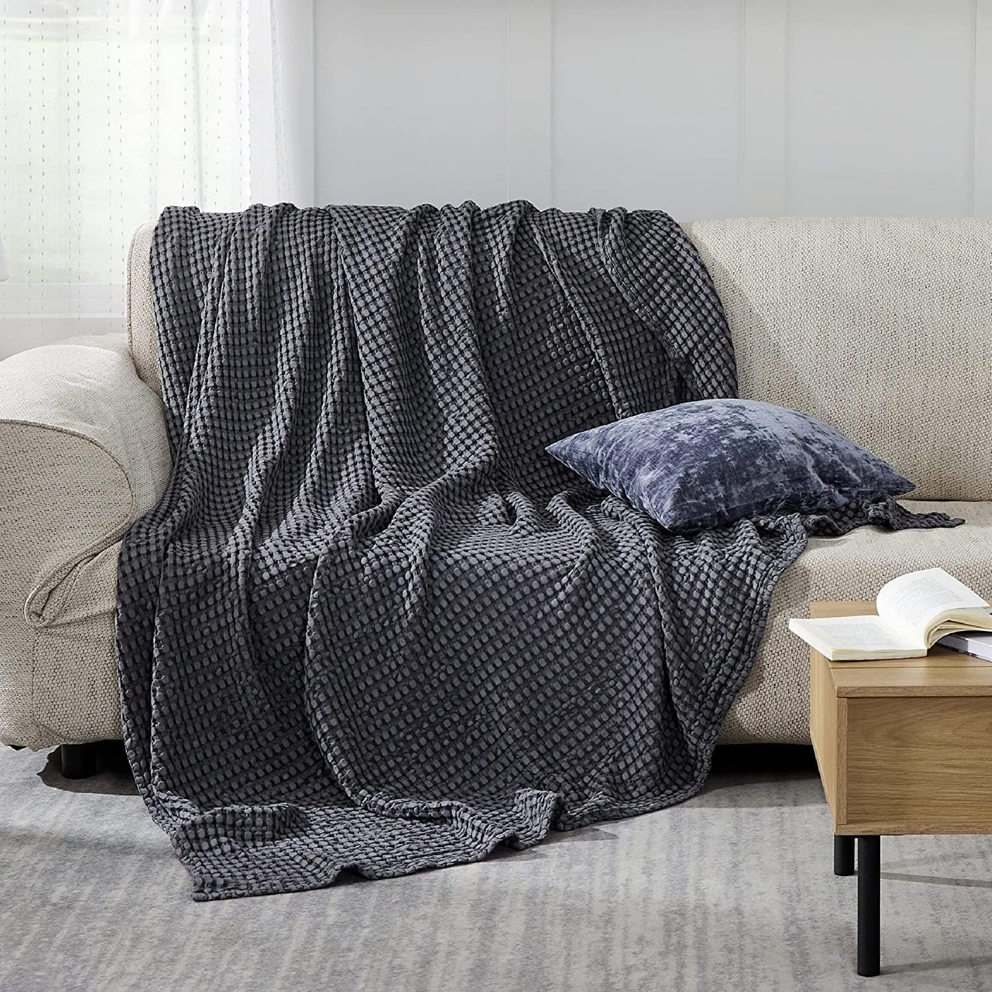 Bedsure Cooling Cotton Waffle Queen Size Blanket - Lightweight Breathable Summer Blanket of Rayon Derived from Bamboo for Hot Sleepers, Luxury Throws for Bed, Couch and Sofa, Dark Grey, 90x90 Inches