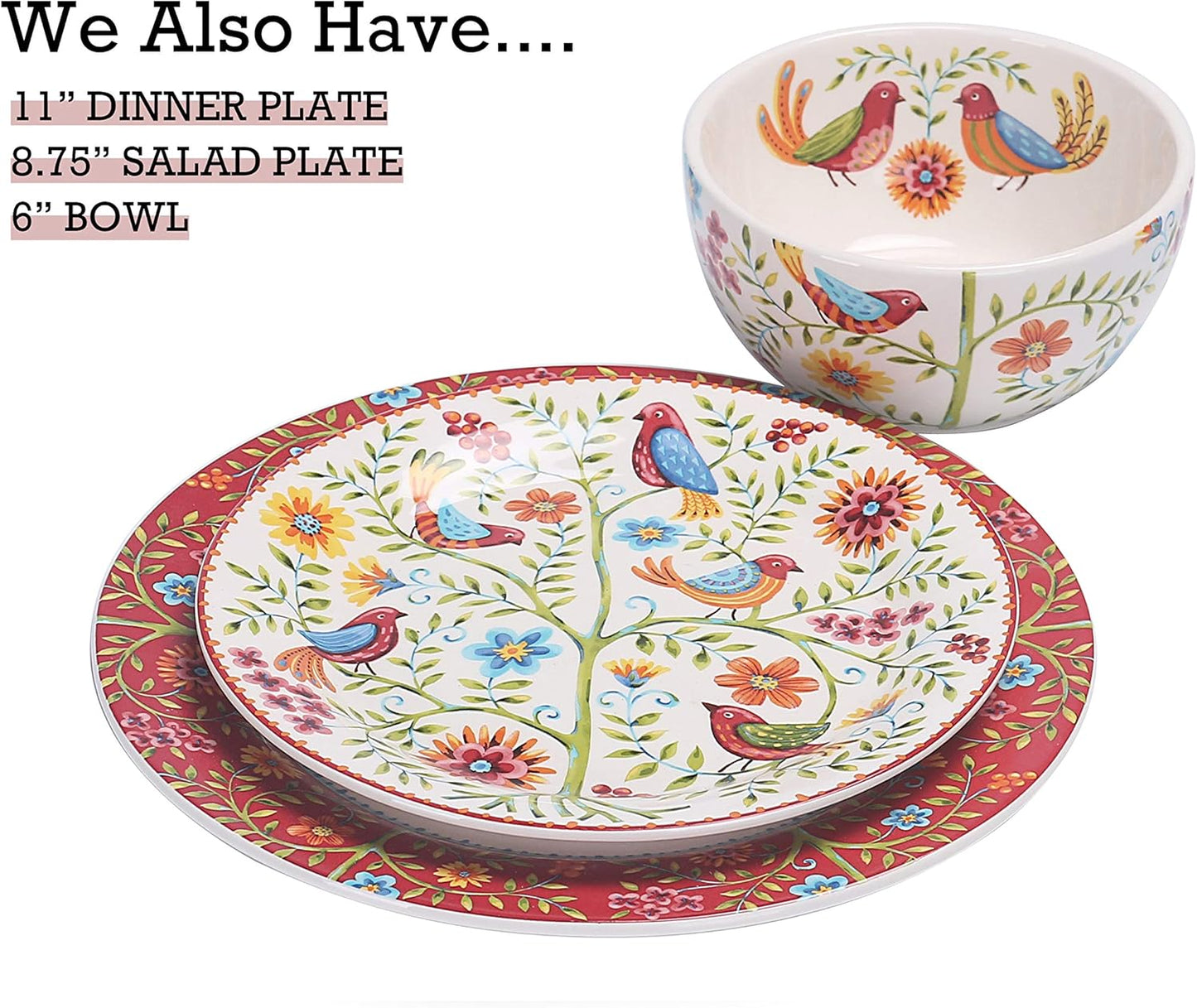 Bico Red Spring Bird Dinner Plates Set of 4, 11 Inch Large Ceramic Plates for Pasta, Steak, Stylish Serving Dishes, Microwave and Dishwasher Safe, Gift for Housewarming and Thanksgiving