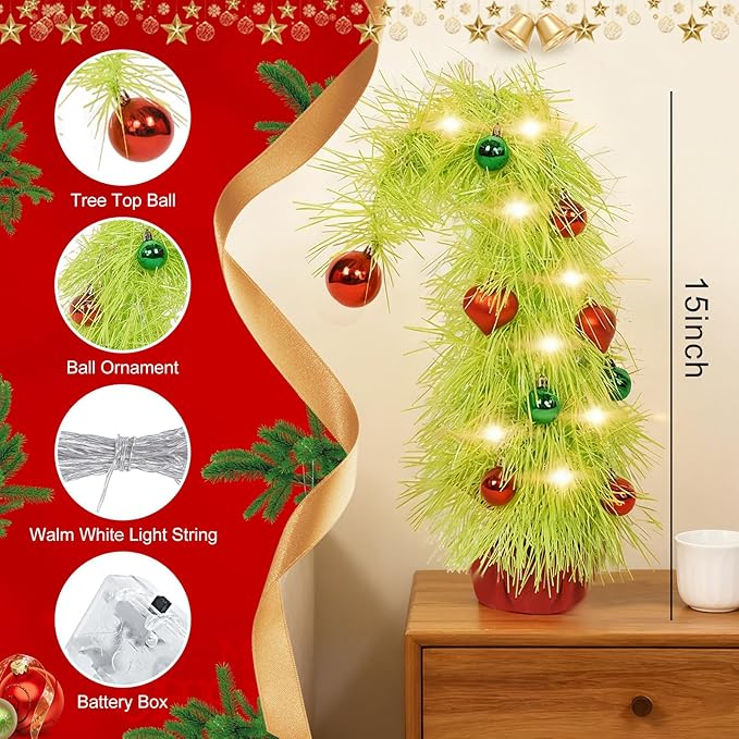 16 inch Pre-Lit Mini Christmas Tree with Ornaments Included, Lime Green Whimsical Artificial Tabletop Tree for Home, Office Desk & Holiday Decor