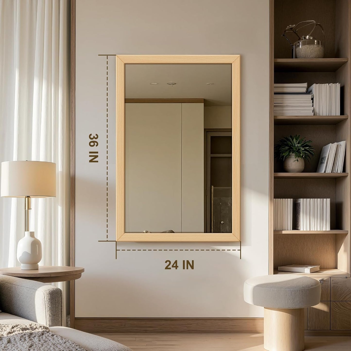 Delma Wall Mirror with Wooden Frame, 36x24 Farmhouse Wall Mounted Floor Mirror with Stand, Vertical Hanging, Leaning Standing for Bathroom,Bedroom, Living Room