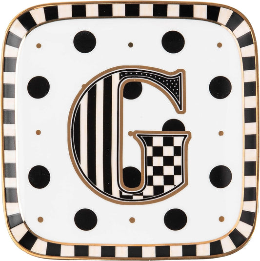 MACKENZIE-CHILDS Monogram Dish, Decorative Ceramic Letter Plate, 5 3/4" Square, G