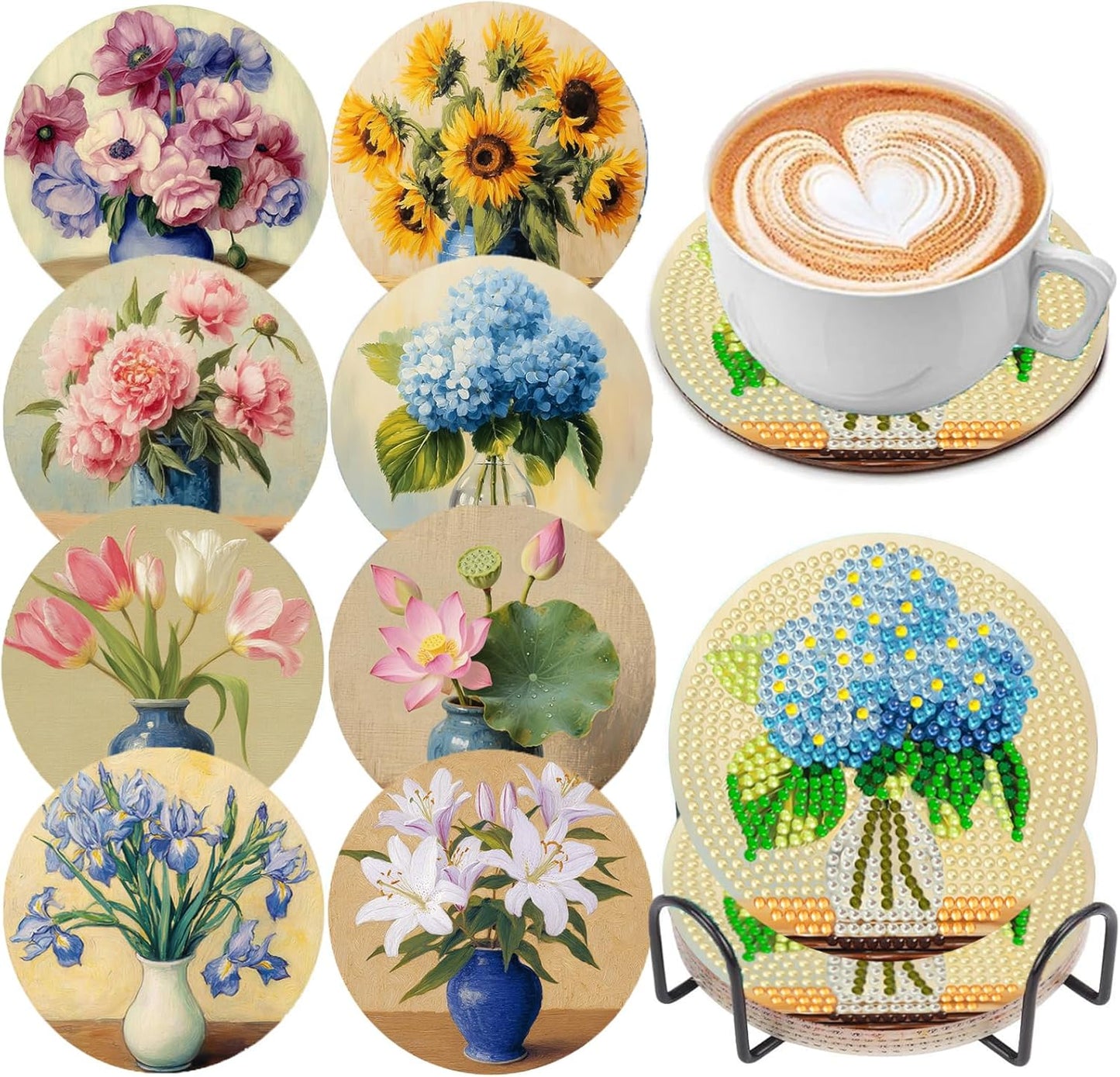 DOZEEZOP 8 PCS Hydrangea Diamond Art Coasters Kit, Flowers 5D Diamond Painting Coasters with Holder, Fall Small Diamond Art Kits for Adults Beginners, Diamond Dots Arts and Crafts Supplies