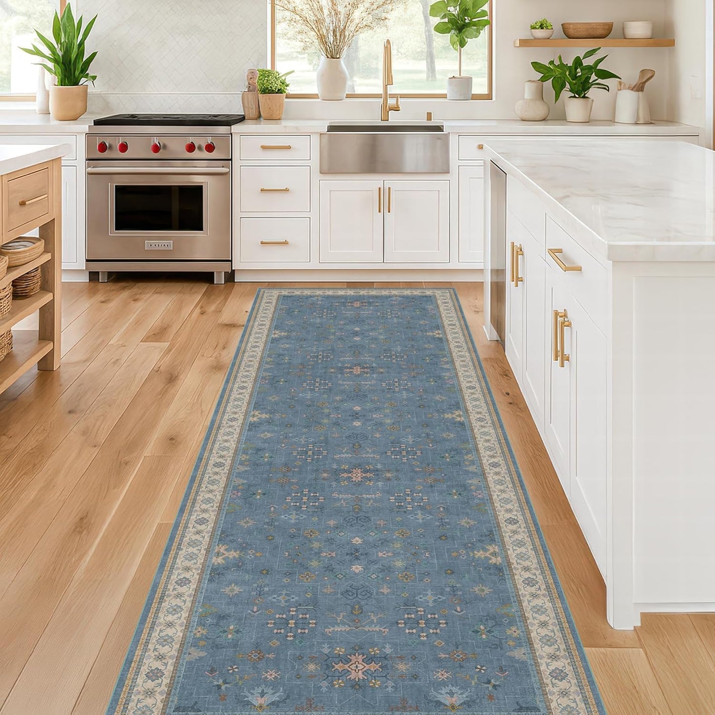 Light Blue 2x8 Long Washable Runner for Hallway - Boho Non Slip Door Mats Indoor Entrance, Vintage Floral Runner Rugs for Kitchen Non Skid, Low Pile & Soft Indoor Décor
