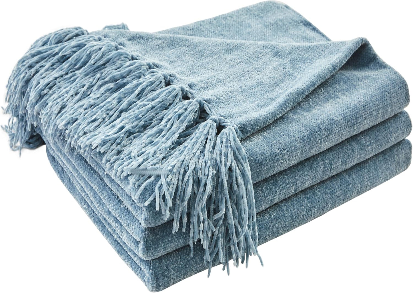 CozeCube Chenille Throw Blanket for Couch, Cozy Plush Fuzzy Decorative Dusty Blue Blanket with Fringe Tassels, Lightweight Throws for Bed Sofa Gift Home Decor, 60"X80"