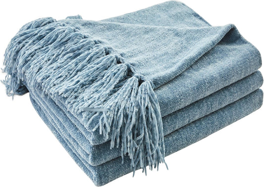 CozeCube Chenille Throw Blanket for Couch, Cozy Plush Fuzzy Decorative Dusty Blue Blanket with Fringe Tassels, Lightweight Throws for Bed Sofa Gift Home Decor, 60"X80"