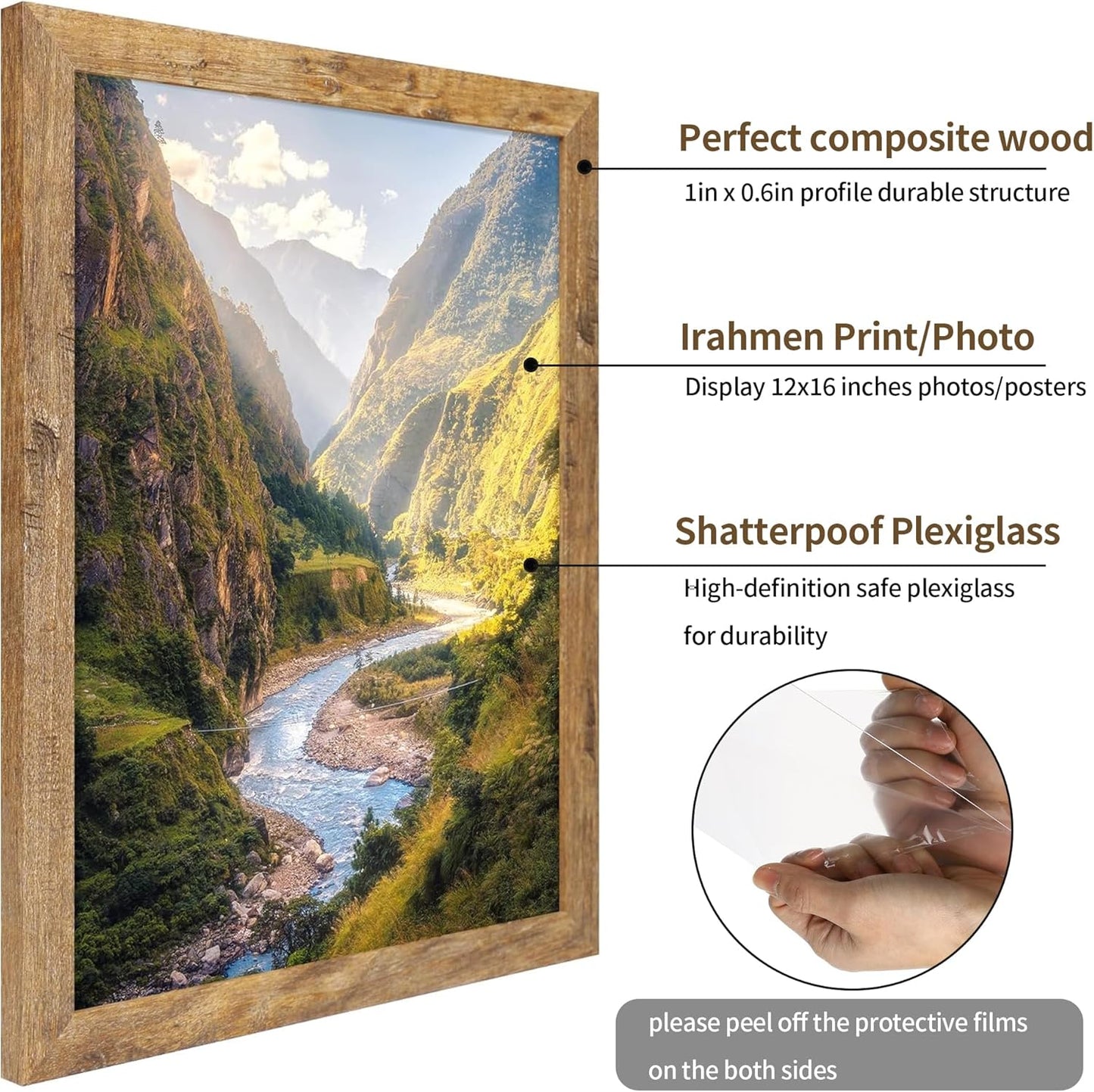 iRahmen 12x16 Picture Frame Set of 2 with Plexiglass, Rustic Brown Wood Poster Frames 12 x 16 for Photo Wall Gallery Mounting Horizontal and Vertical